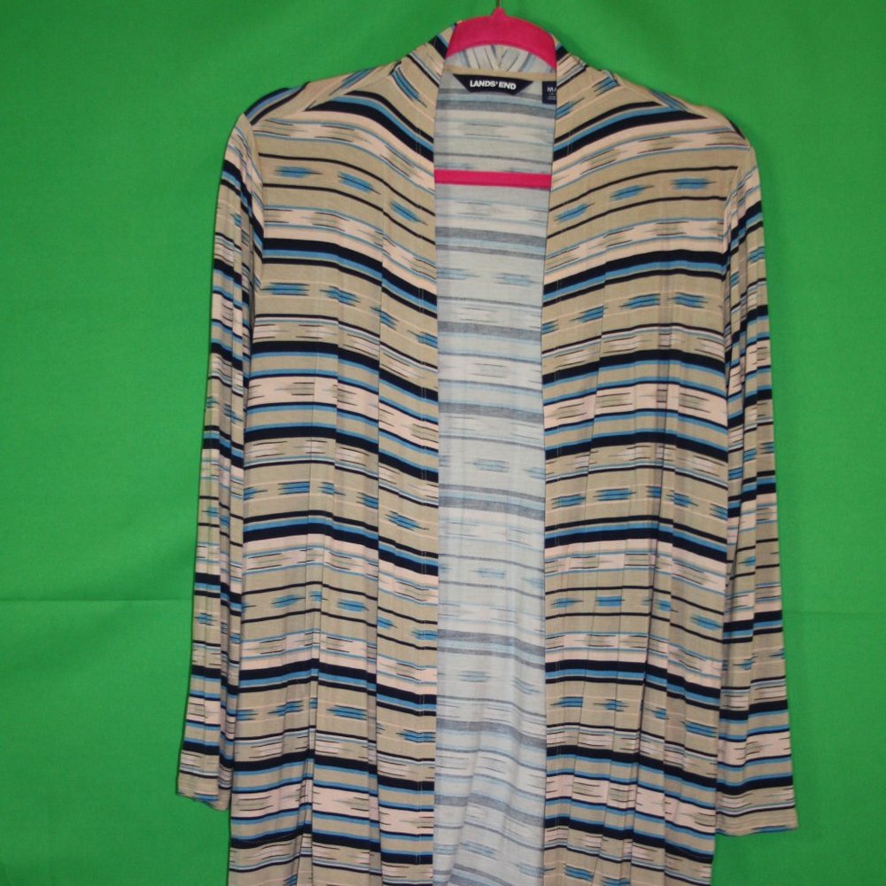 Women's Land's End Open Cardigan Striped Rayon Size MP 10/12 Petite Peach Blue